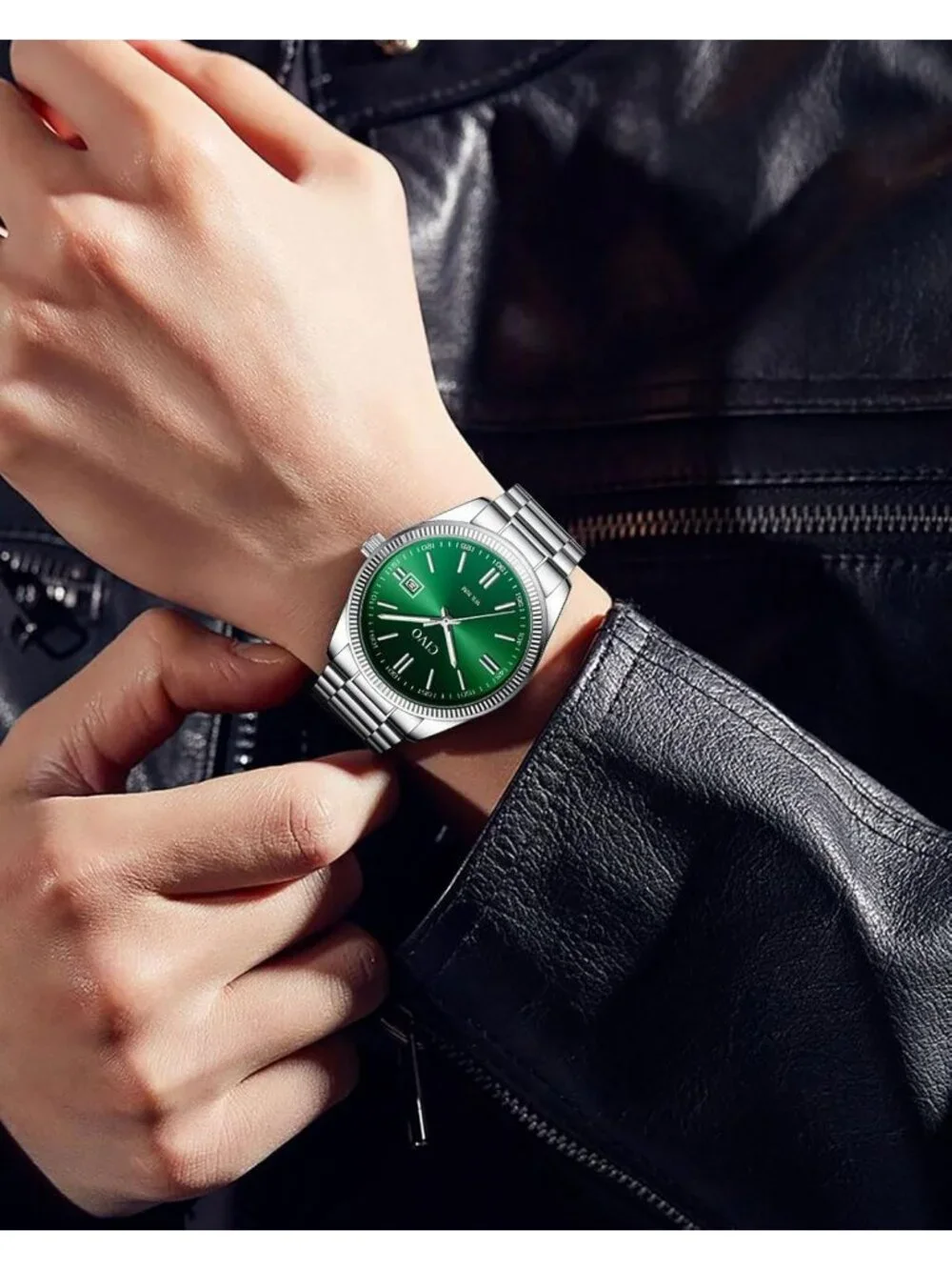 Men Silver Green Analog Quartz Skeleton Stainless Steel Round Casual Wrist Watch